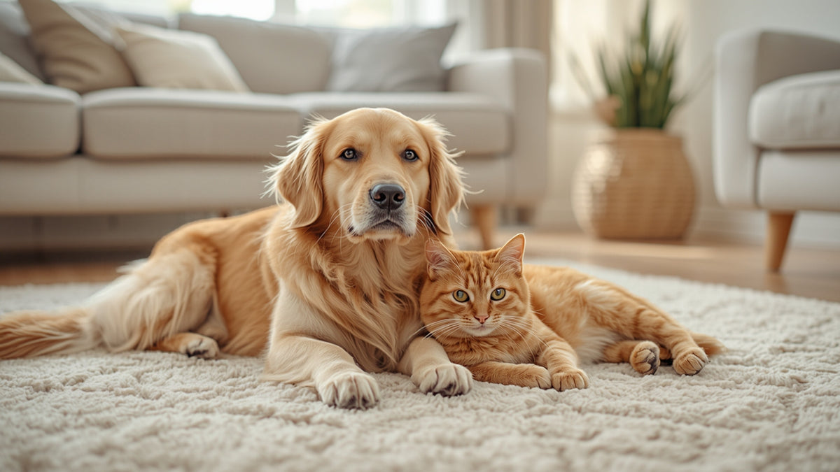 Golden Retriever und Katze entspannt auf einem hellen Teppich